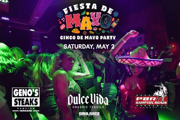 A vibrant party scene with colorful lights depicts people dancing at a "Fiesta de Mayo" event. Text highlights "Cinco de Mayo Party" on May 2 at PBR Hampton Roads.