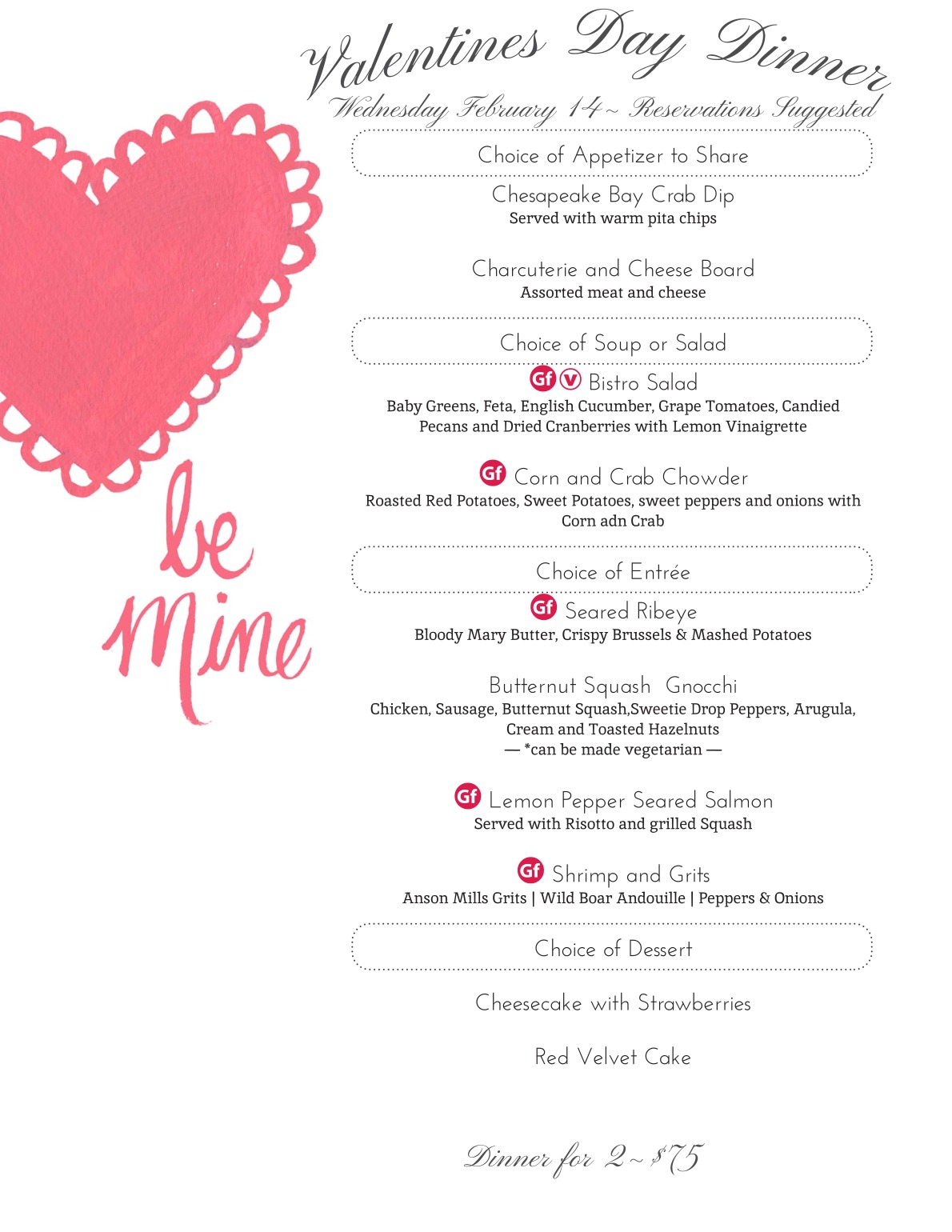 A restaurant menu announcing Valentine's Day four-course meal.